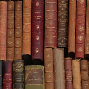 Skan archiwalny - zabytkowe ksiazki w skorzanych oprawach na polce