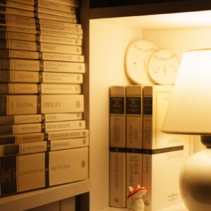 Skanowanie premium - polka z ksiazkami w cieplym swietle